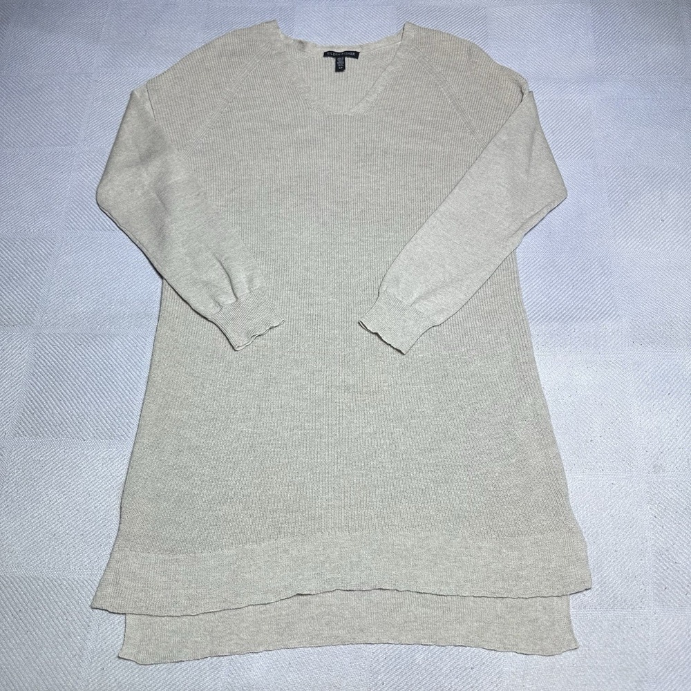 Eileen Fisher Knit Tunic Wool Sweater Womens Small Light Brown Italian Yarn